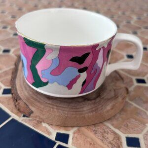 Vintage Hankook Bone China Colorful Camouflage Flat Coffee Mug Cup Korea